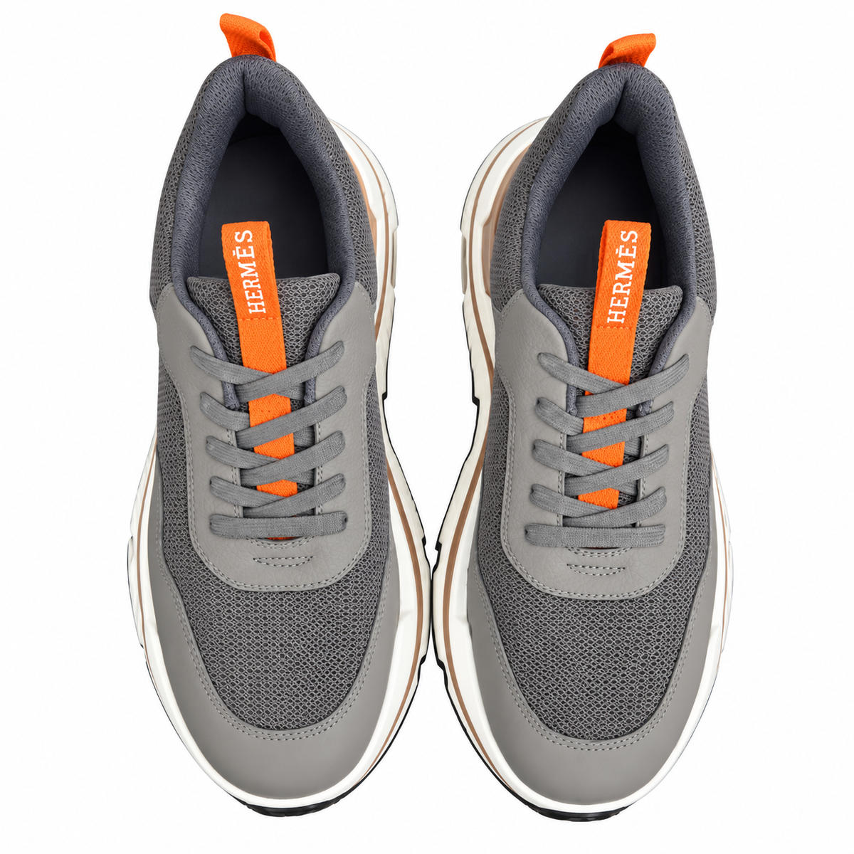 Hermès Gray Mesh Sneakers with Orange Accents