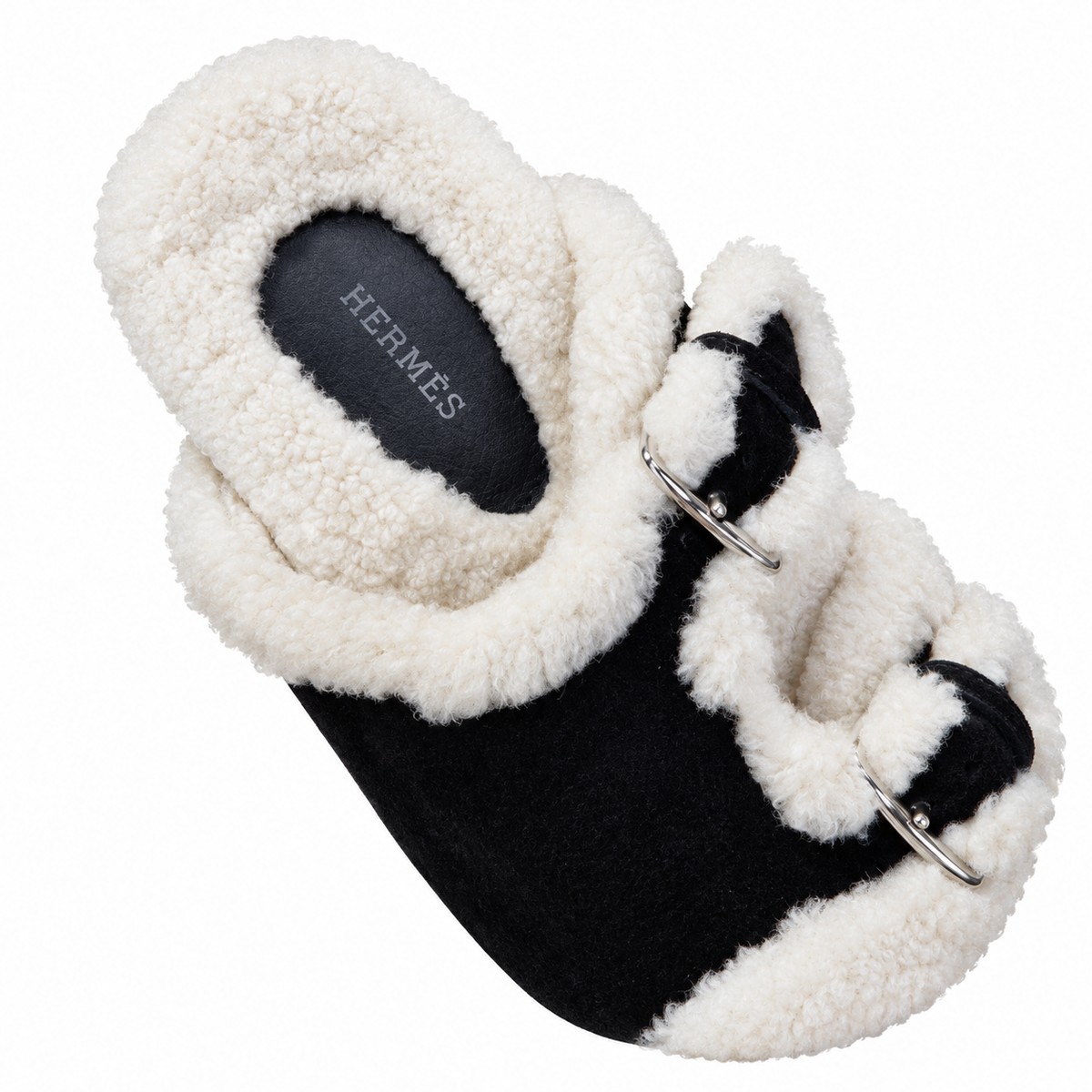 Hermès Black Double-Buckle Slides with Cream Trim