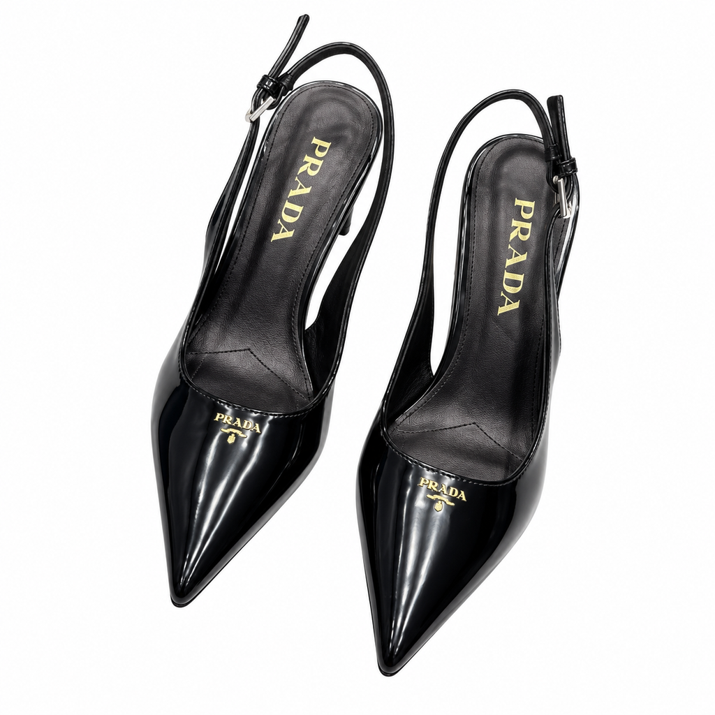 Prada Glossy Black Pointed-Toe Slingback Pumps