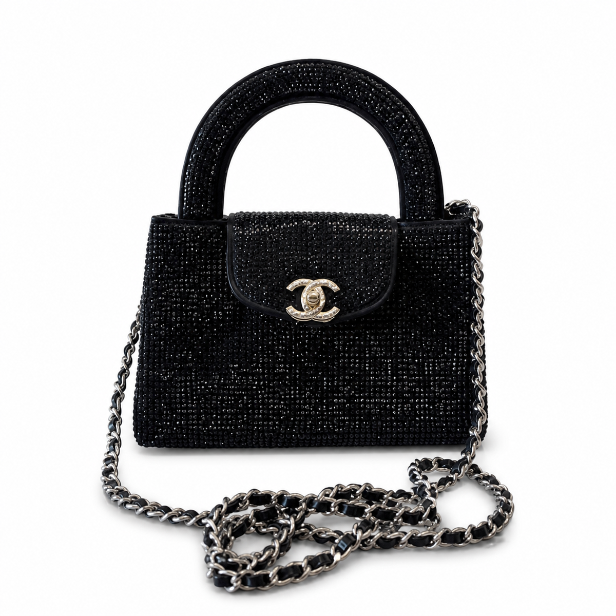 Chanel Black Crystal Mini Top-Handle Flap | Crystal Arch Handle & Silver Chain — 19cm