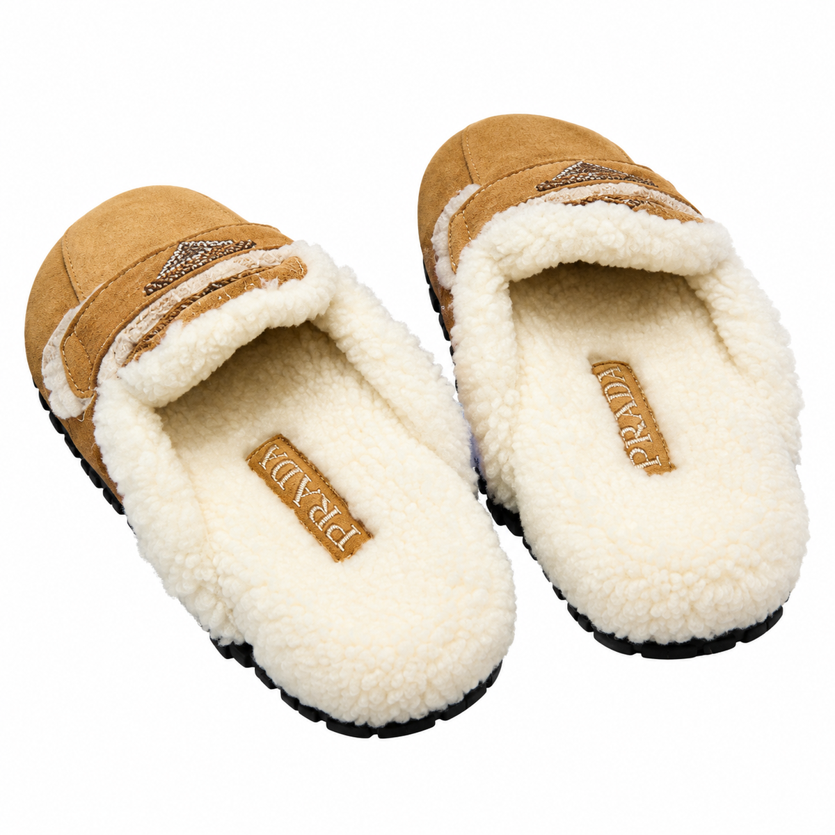 Prada Tan Plush-Trim Black Lug-Sole Mules