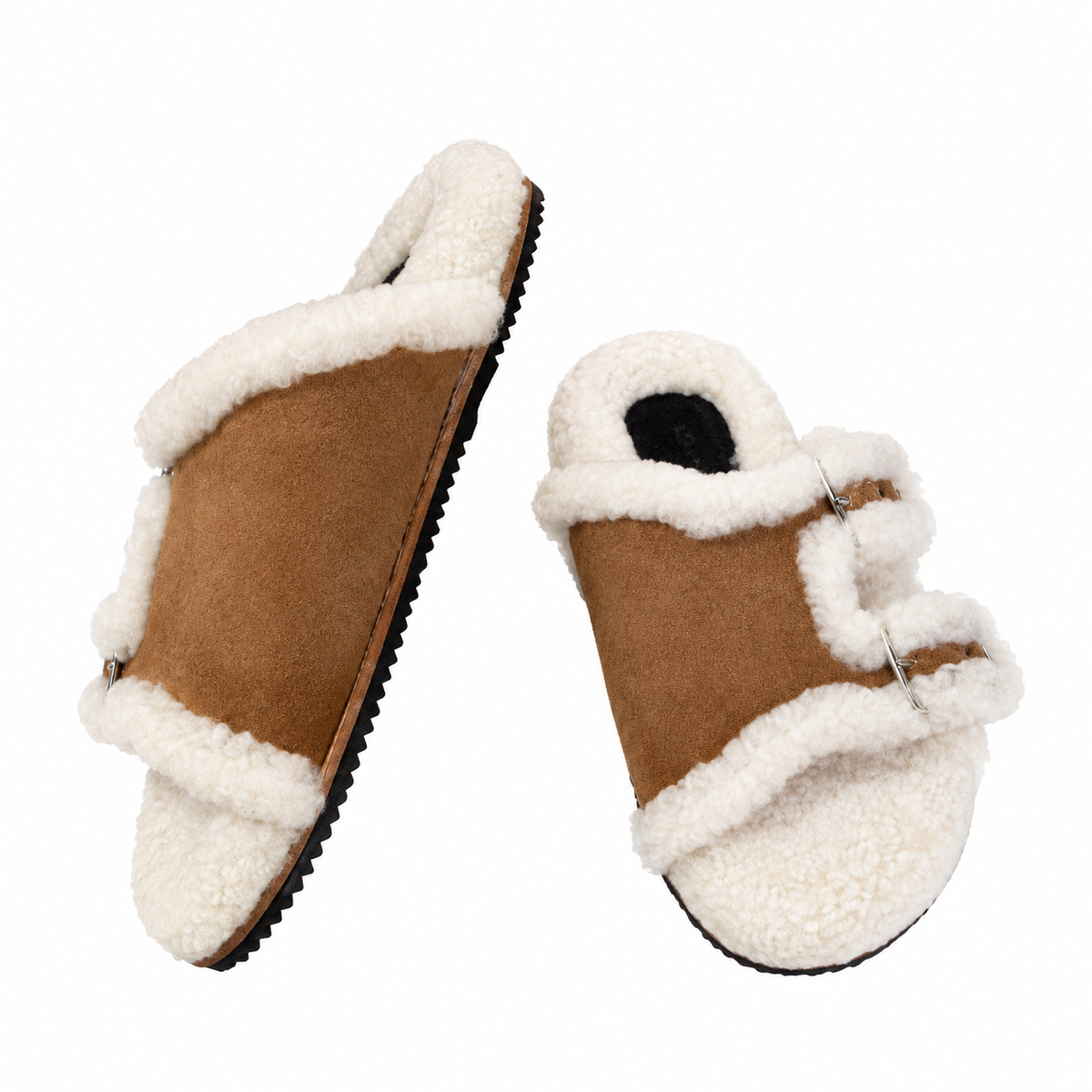 Hermès Tan Double-Buckle Slides with Cream Trim