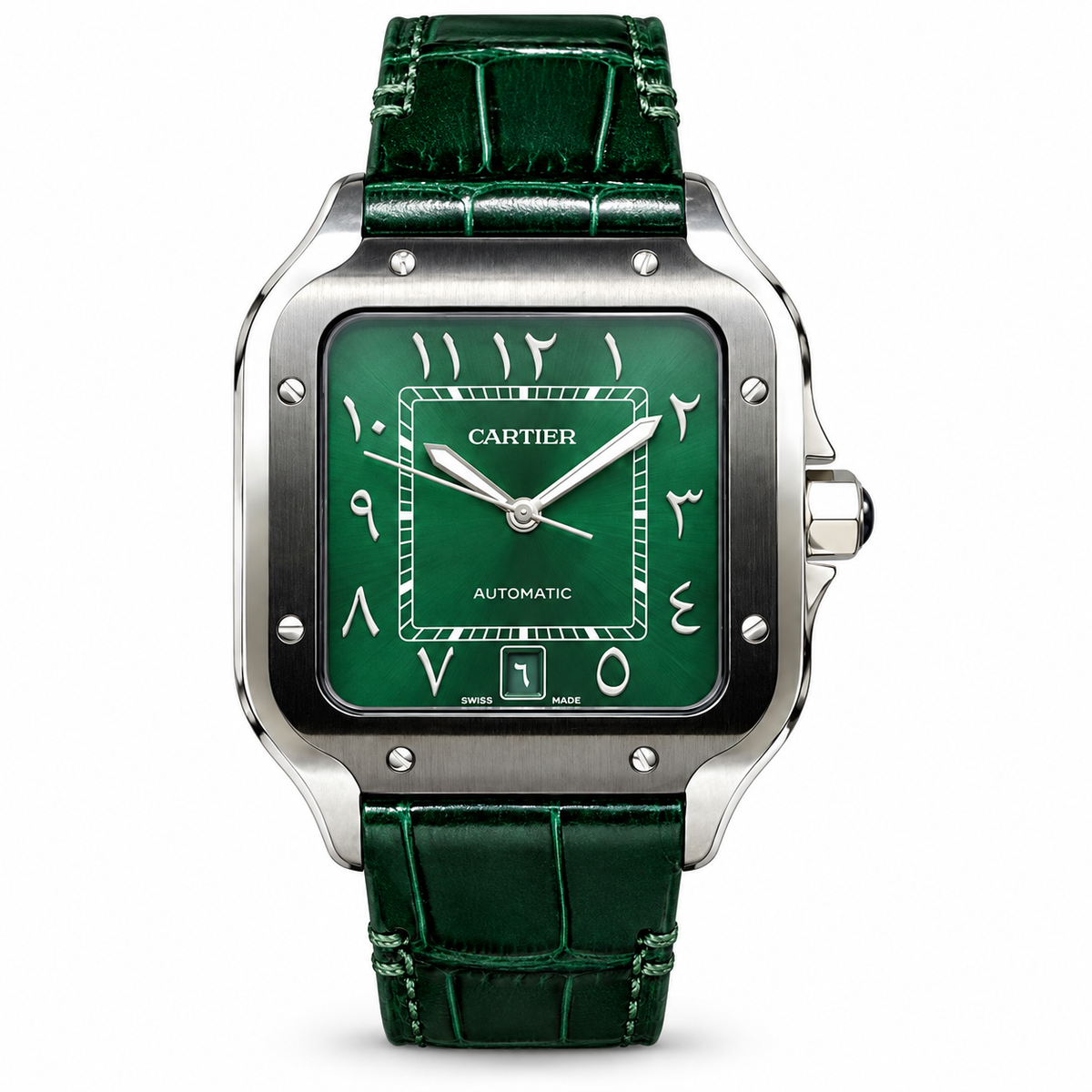 Cartier Santos Arabic Edition Stainless Steel Emerald Green Dial Automatic Green Alligator Strap Watch