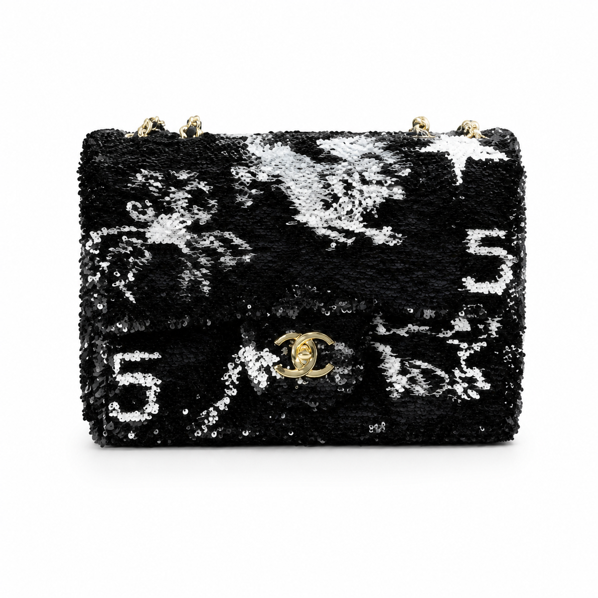 Chanel Classic Flap Black Silver Sequin CC Turn-Lock Bag