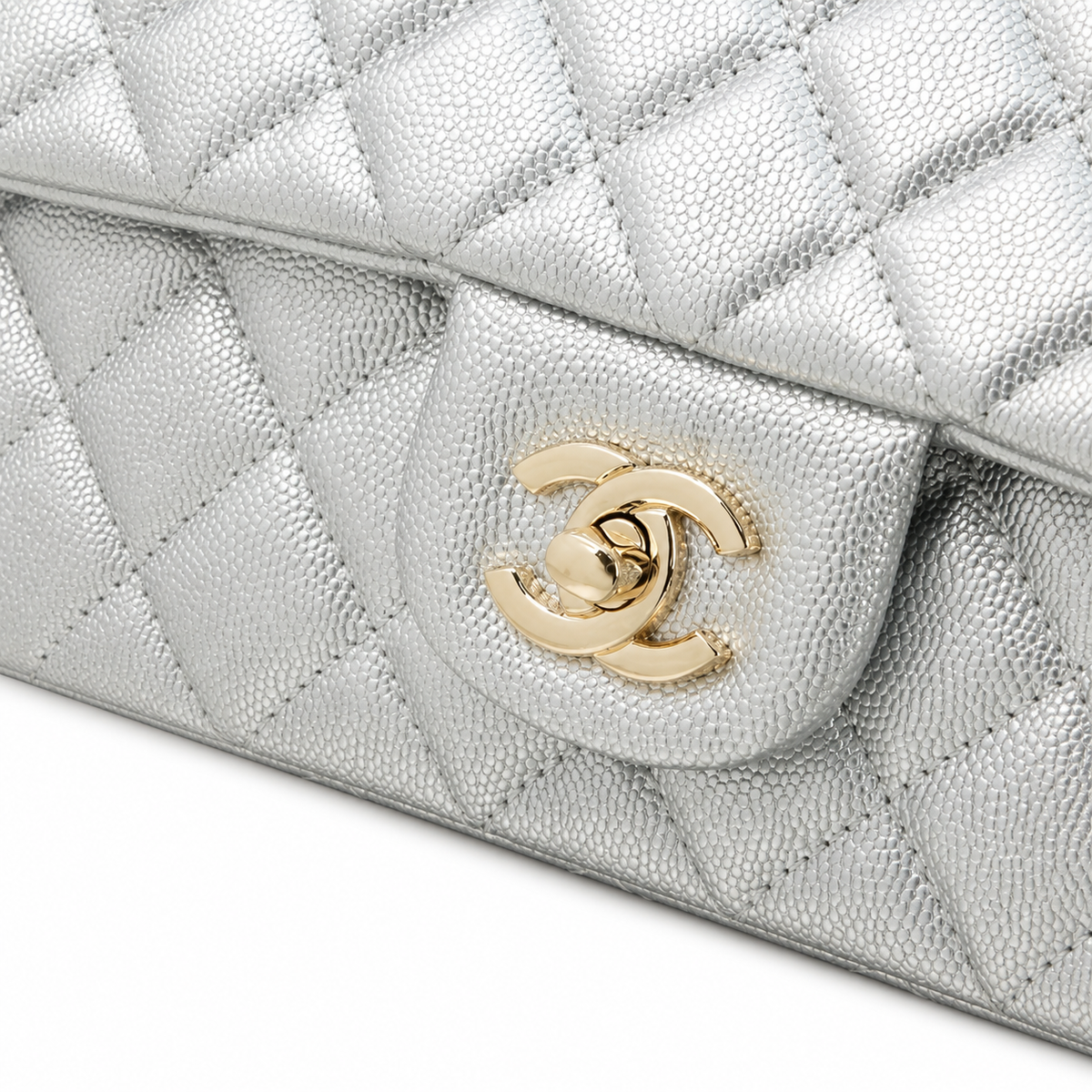Chanel Classic Flap Top Handle Silver Quilted Gold Hardware
