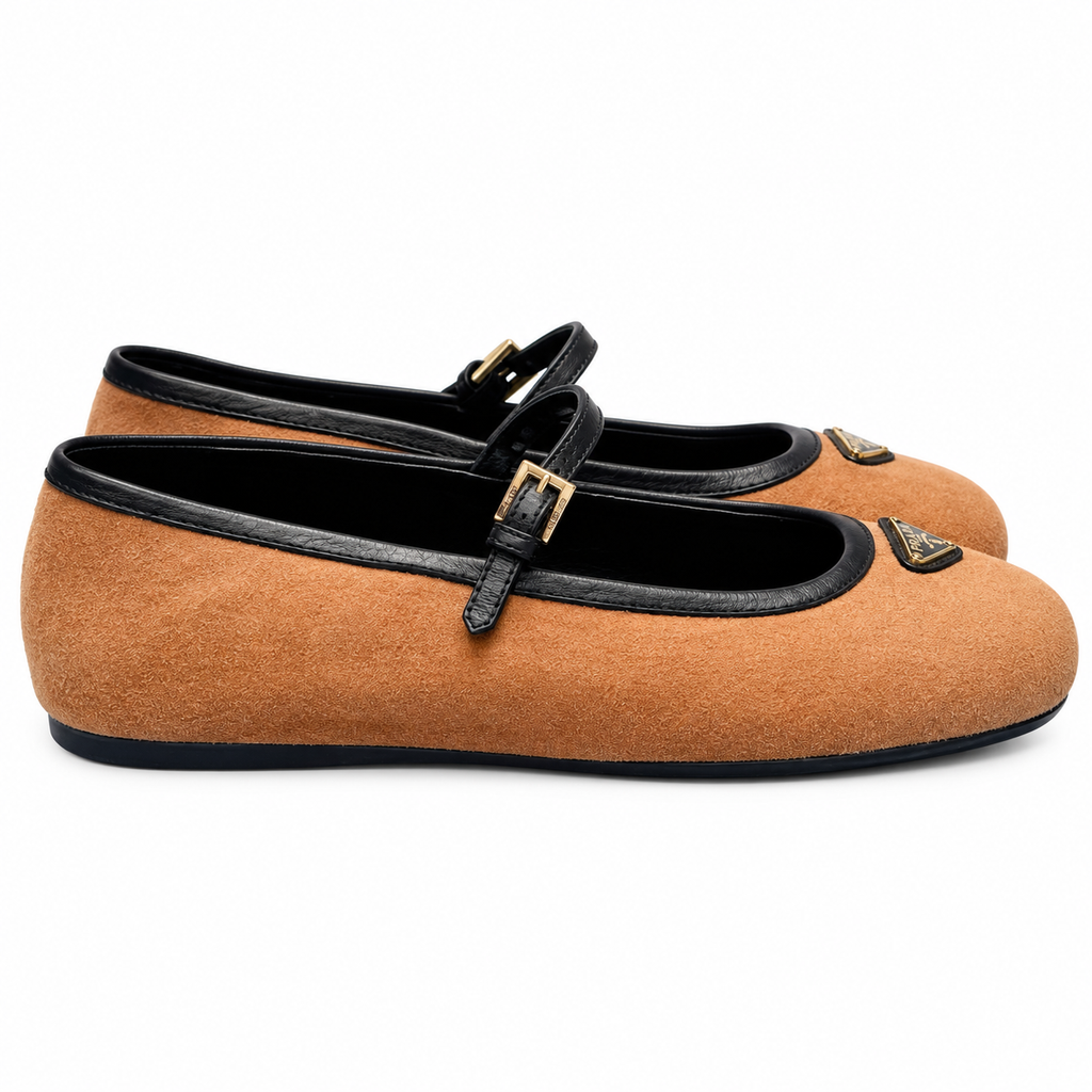 Prada Camel Textured Mary Jane Ballet Flats