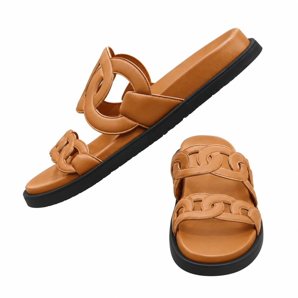 Hermès Warm Brown Chain-Link Two-Strap Slides