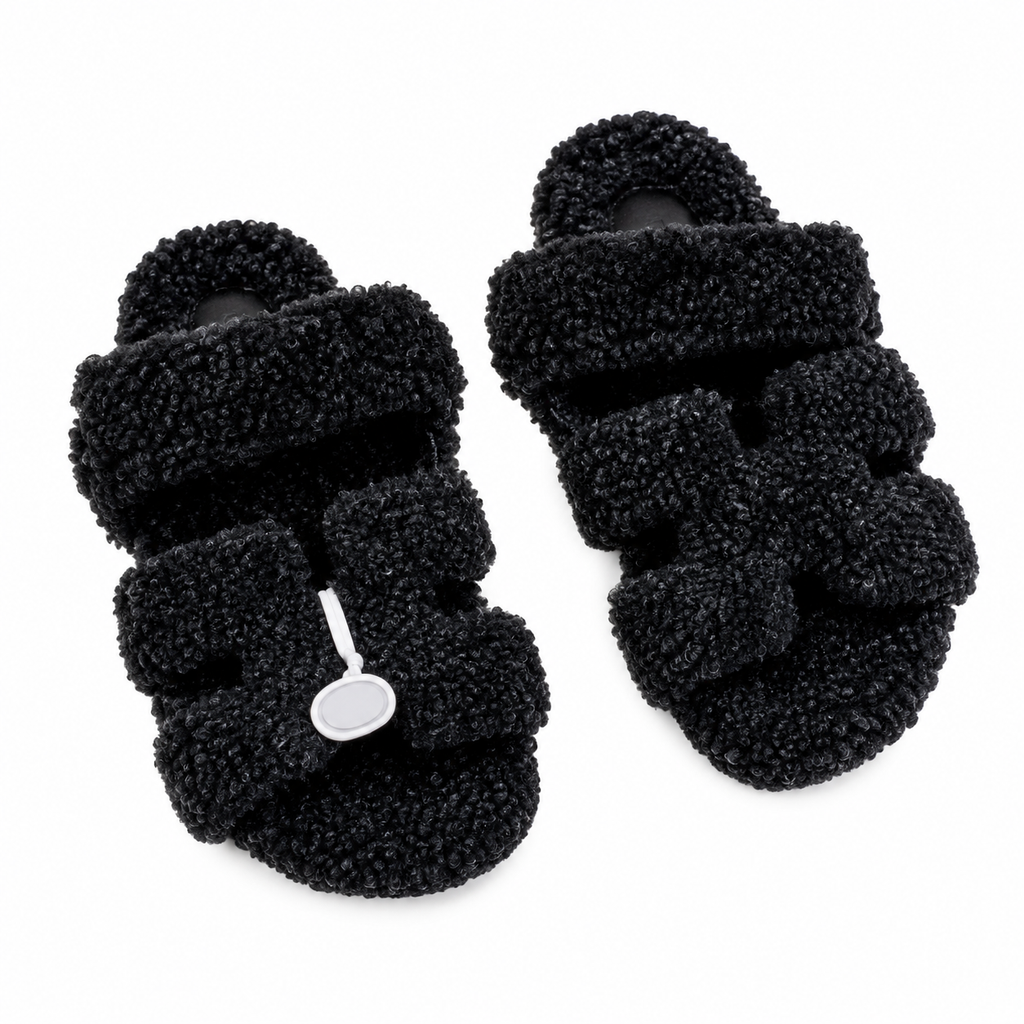 Hermès Black Textured H-Strap Slides