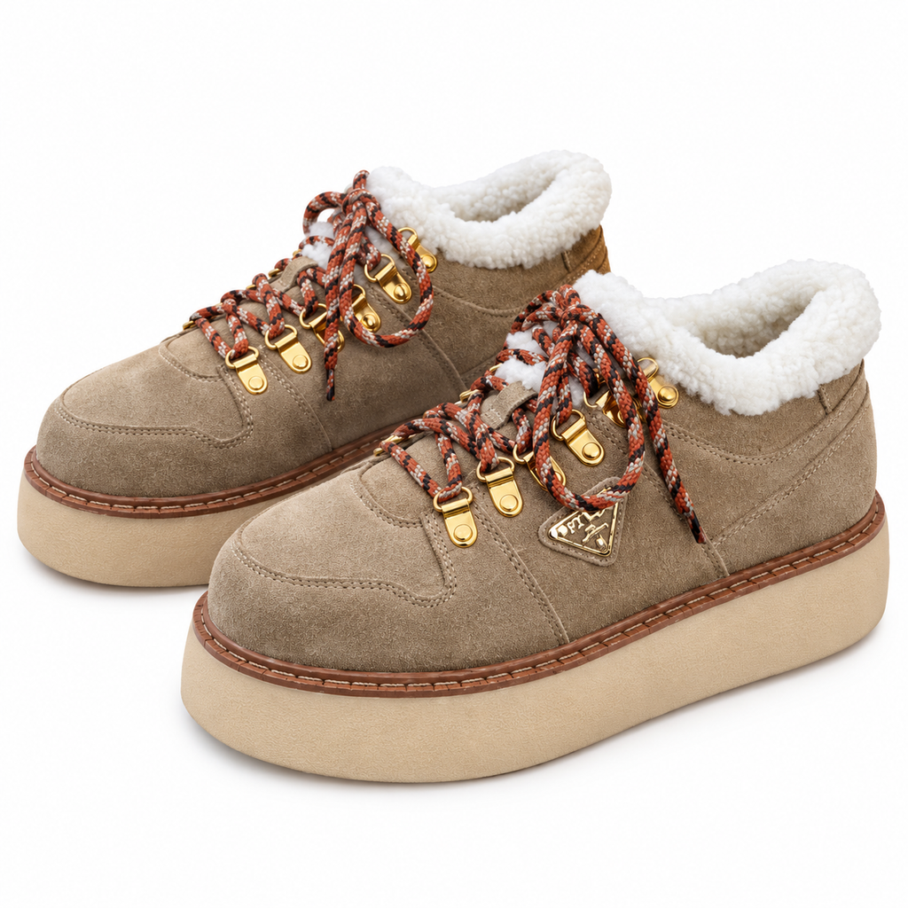 Prada Taupe Plush-Trim Lace-Up Platform Boots