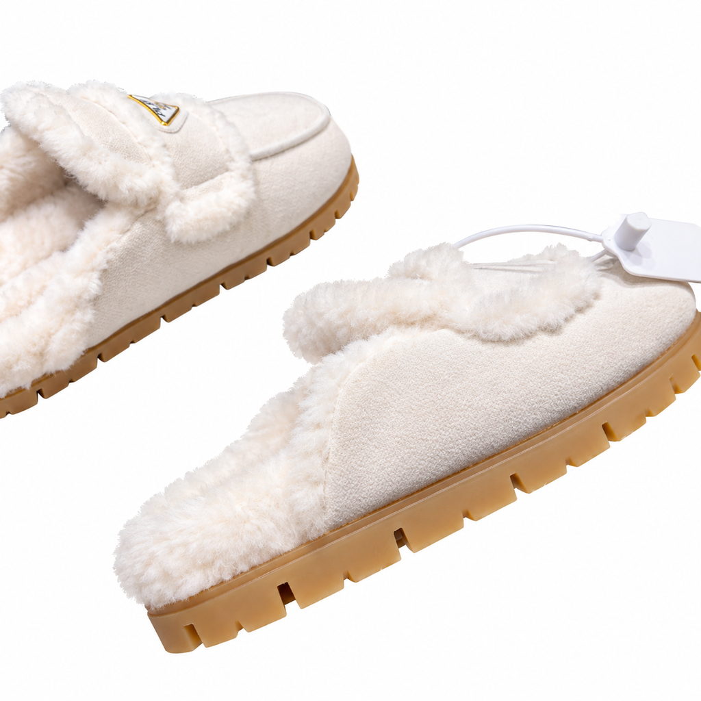 Prada Ivory Plush-Trim Moc-Toe Loafer Mules