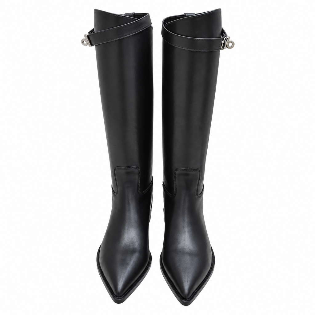 Hermès Black Pointed-Toe Tall Boots with Metal Clasp