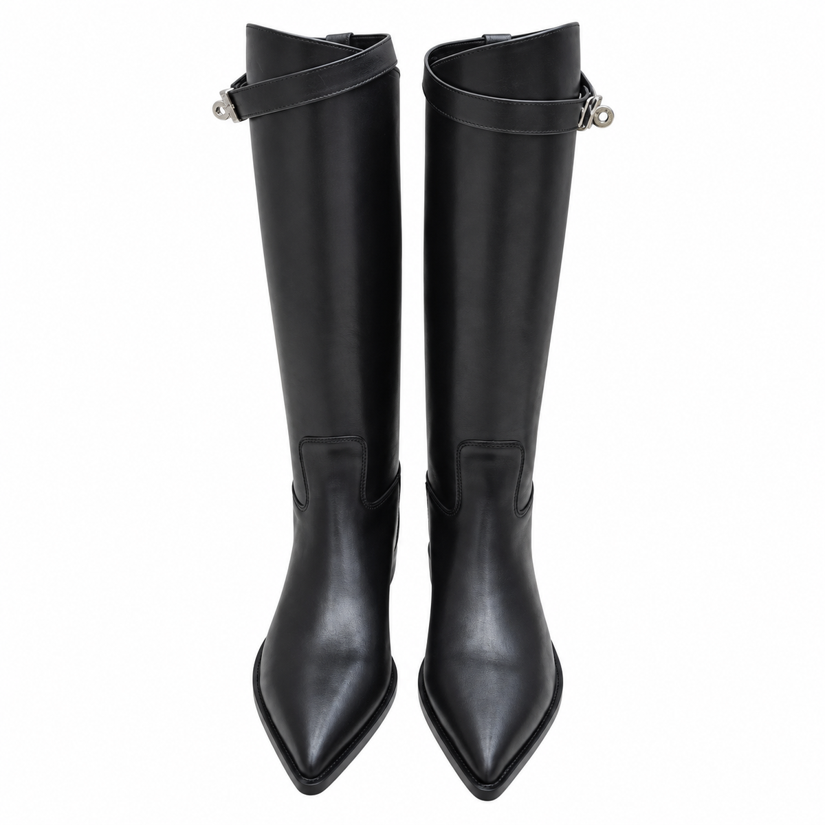 Hermès Black Pointed-Toe Tall Boots with Metal Clasp