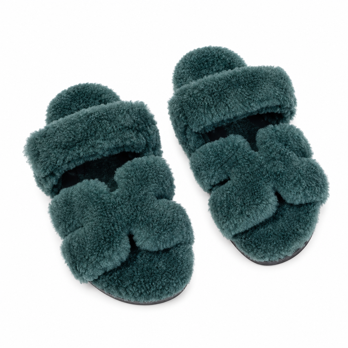 Hermès Teal Green Textured H-Strap Slides