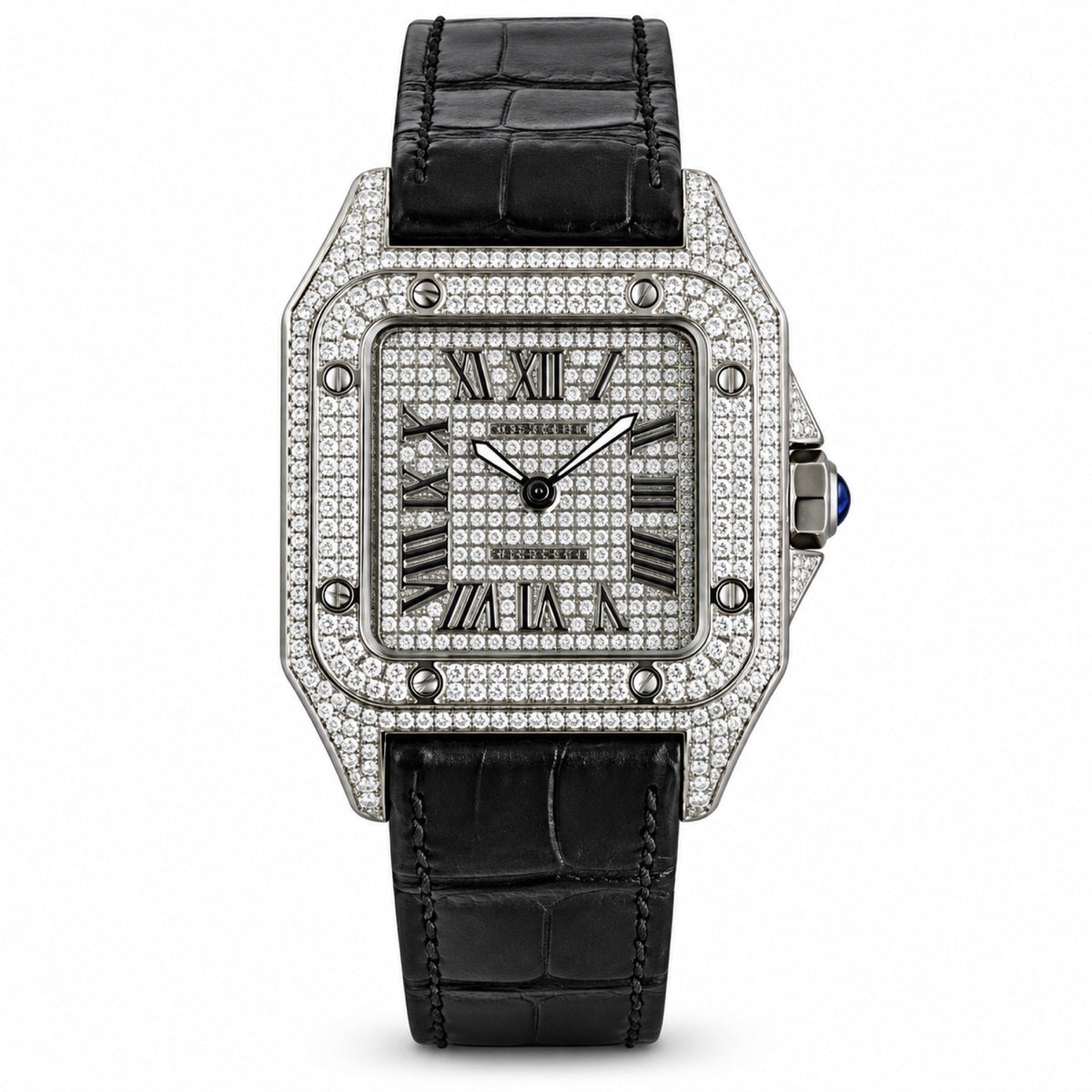 Cartier Santos de Cartier Large — Steel, Full Iced-Out Diamonds, Pavé Dial, Roman Numerals & Black Alligator Strap, Automatic