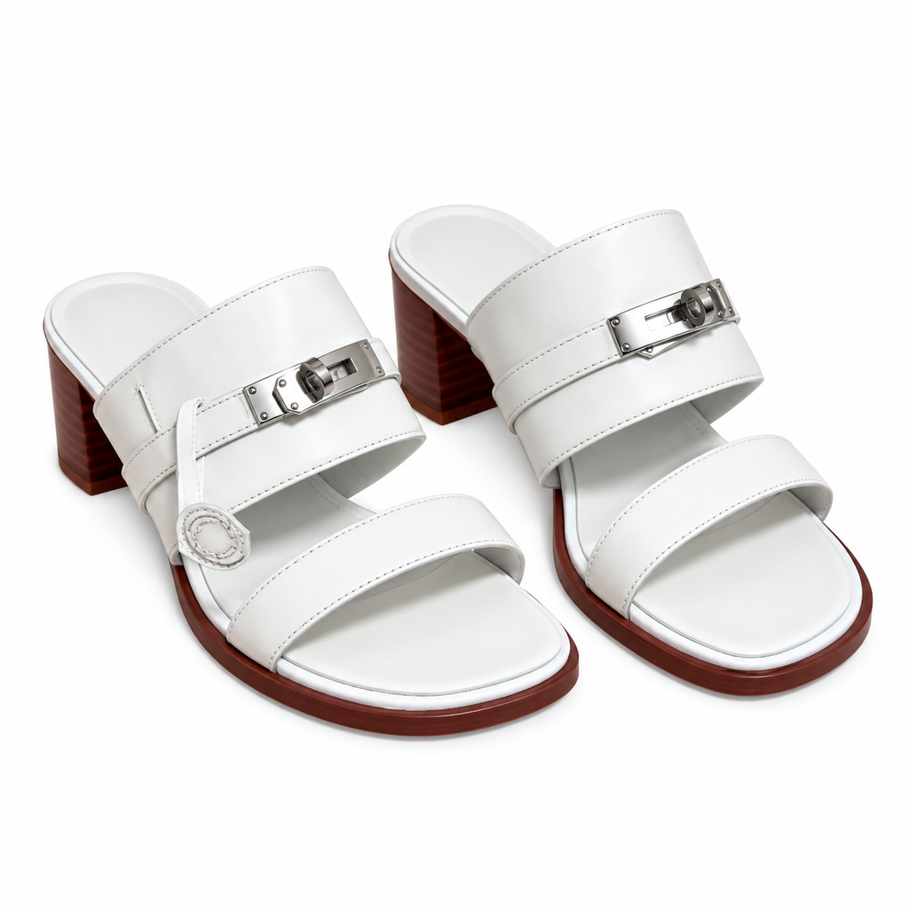 Hermès White Block-Heel Sandals | Silver Lock
