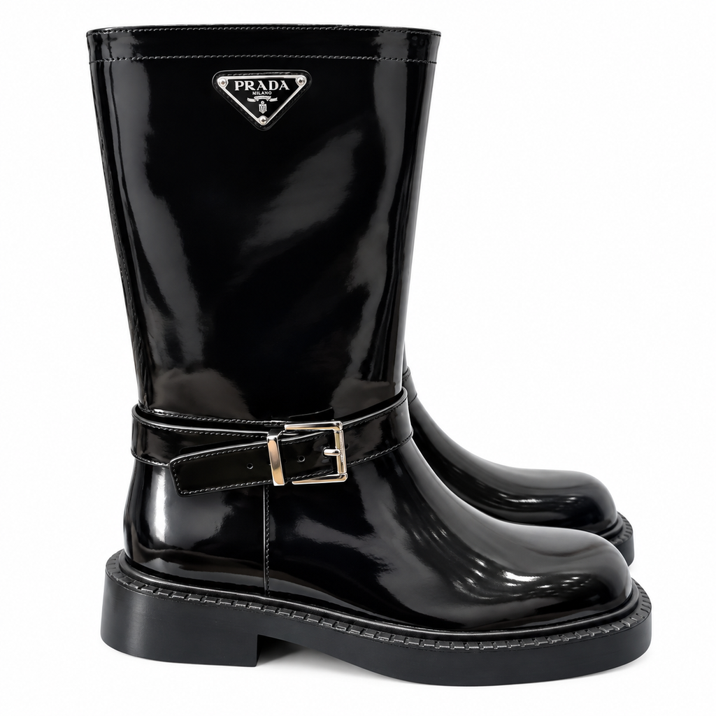 Prada Glossy Black Buckle-Strap Mid-Calf Boots