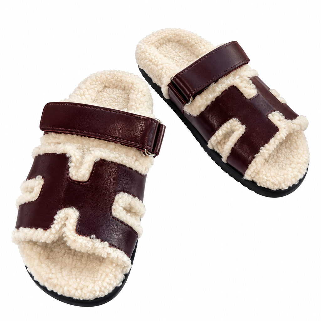 Hermès Burgundy H-Strap Slides with Cream Trim