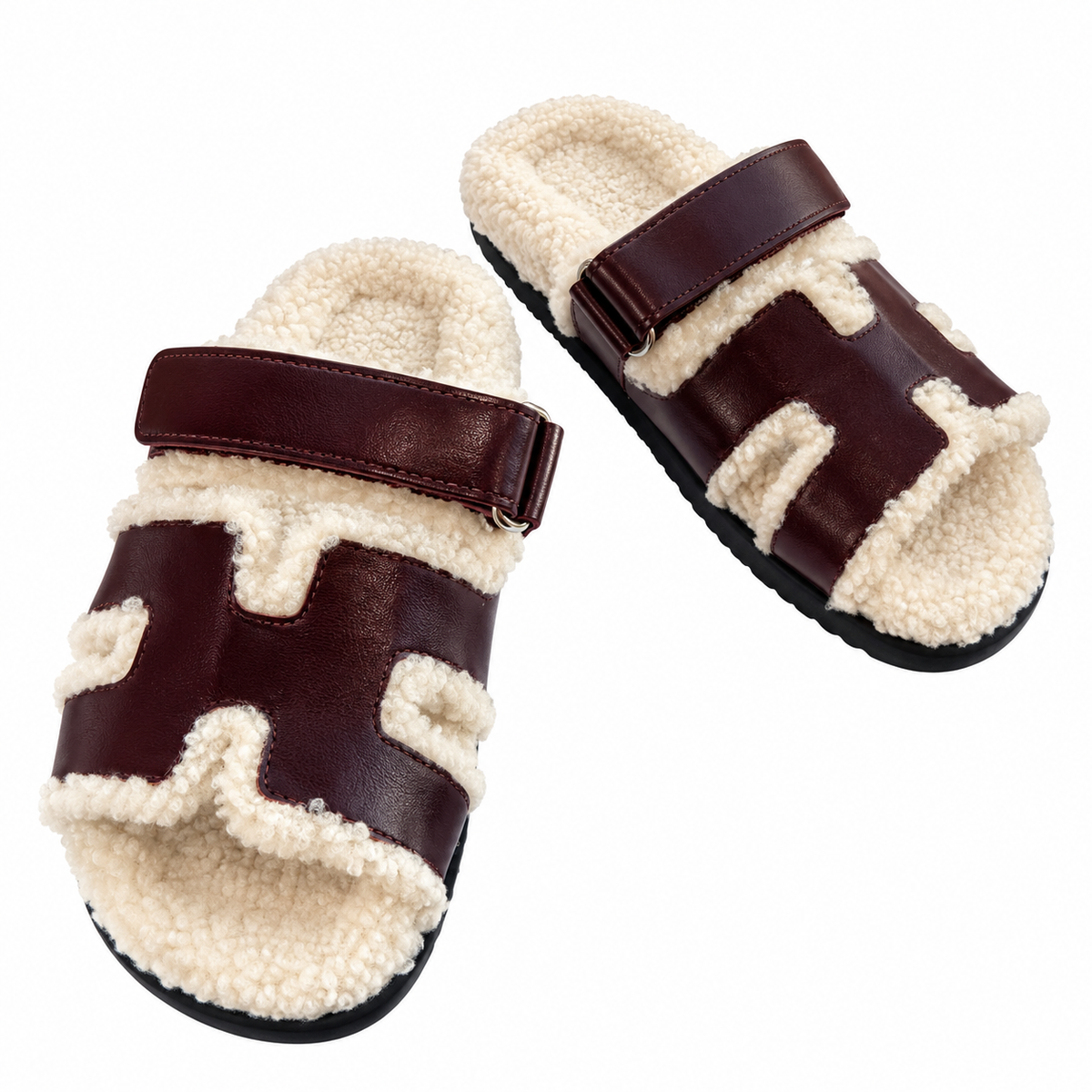 Hermès Burgundy H-Strap Slides with Cream Trim