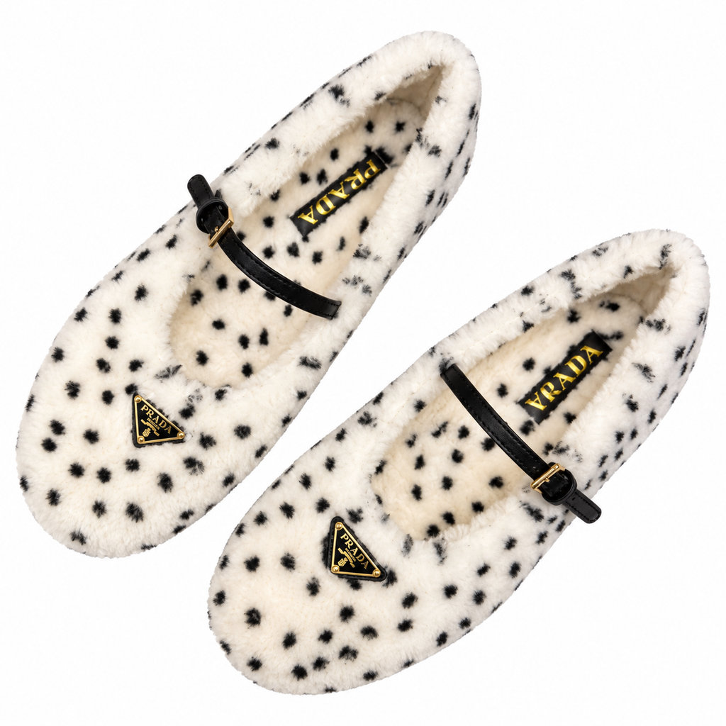 Prada Ivory Spotted Plush Mary Jane Flats