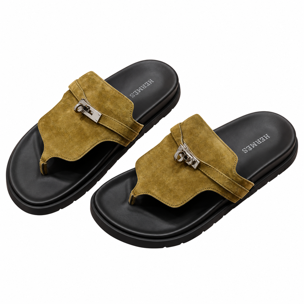 Hermès Olive Thong Sandals with Silver Buckle