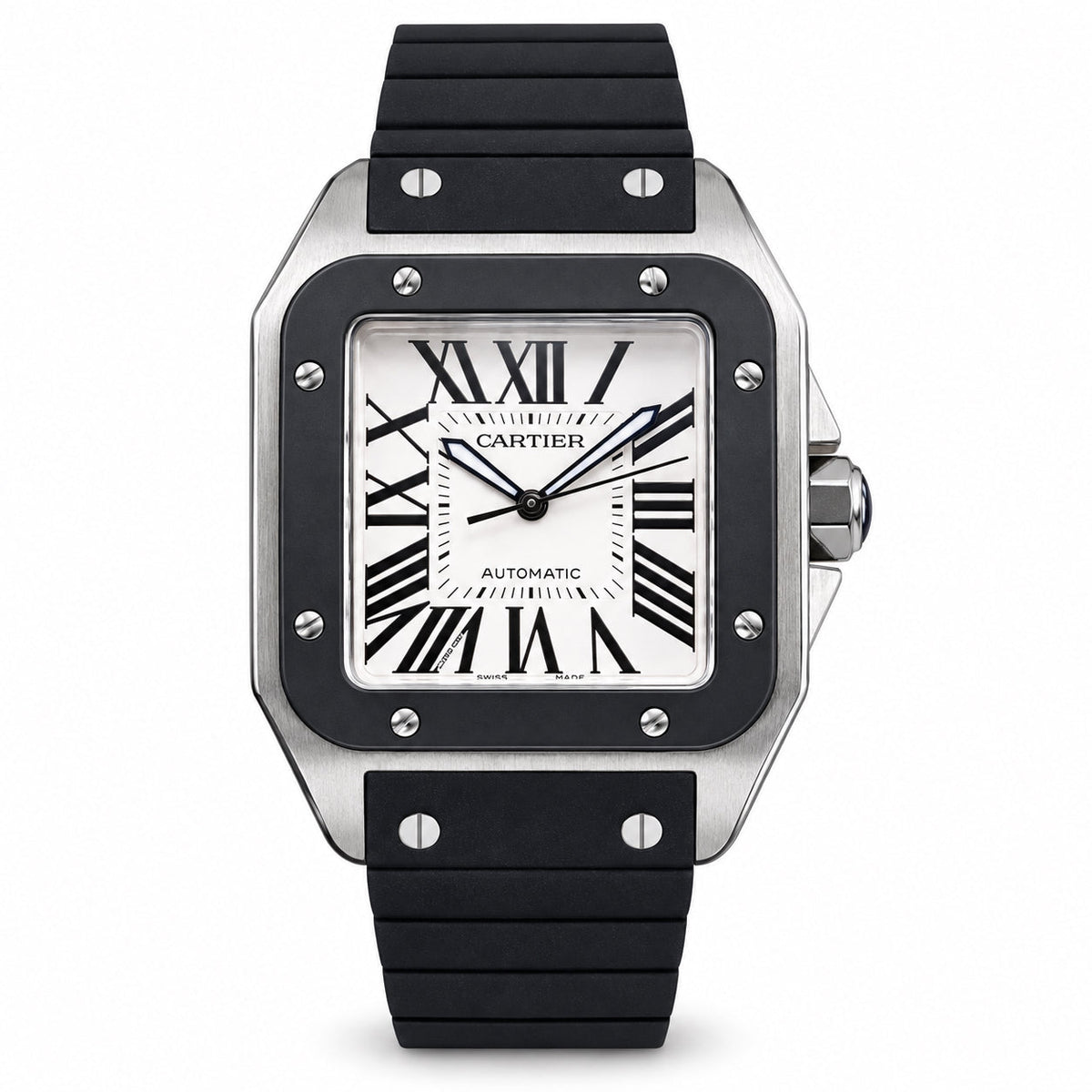 Cartier Santos 100 XL Steel Black Rubber Bezel White Dial Automatic Rubber Watch – KDY