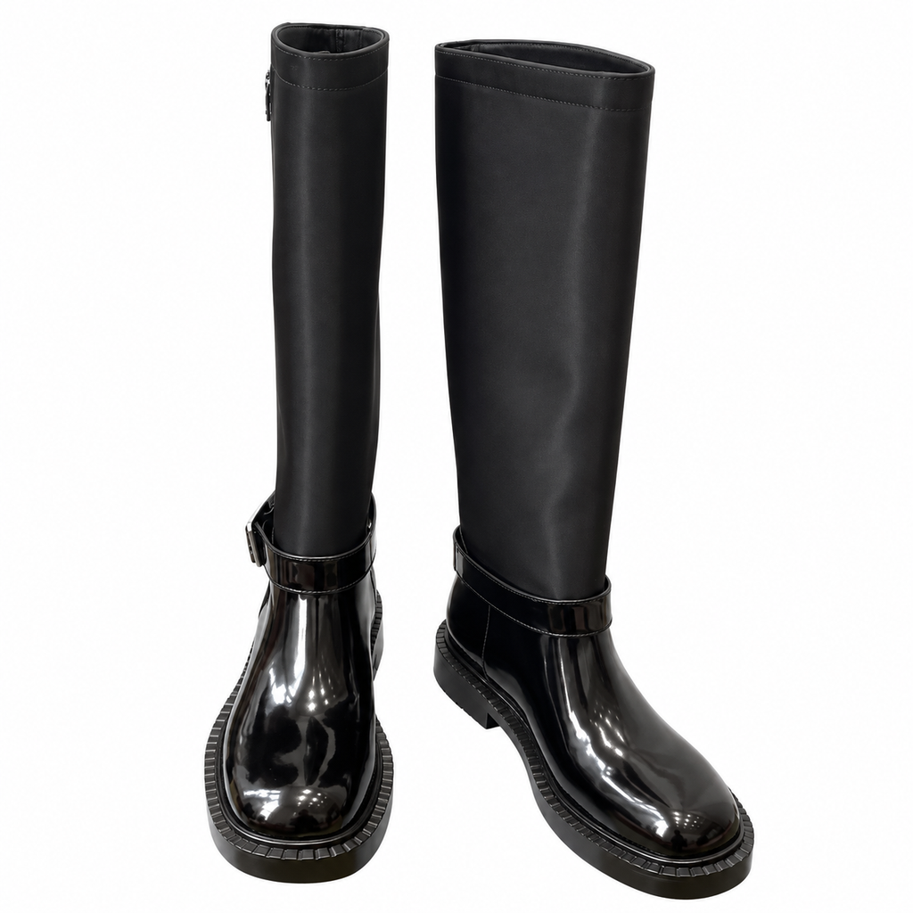 Prada Black Glossy-Panel Buckled Tall Boots