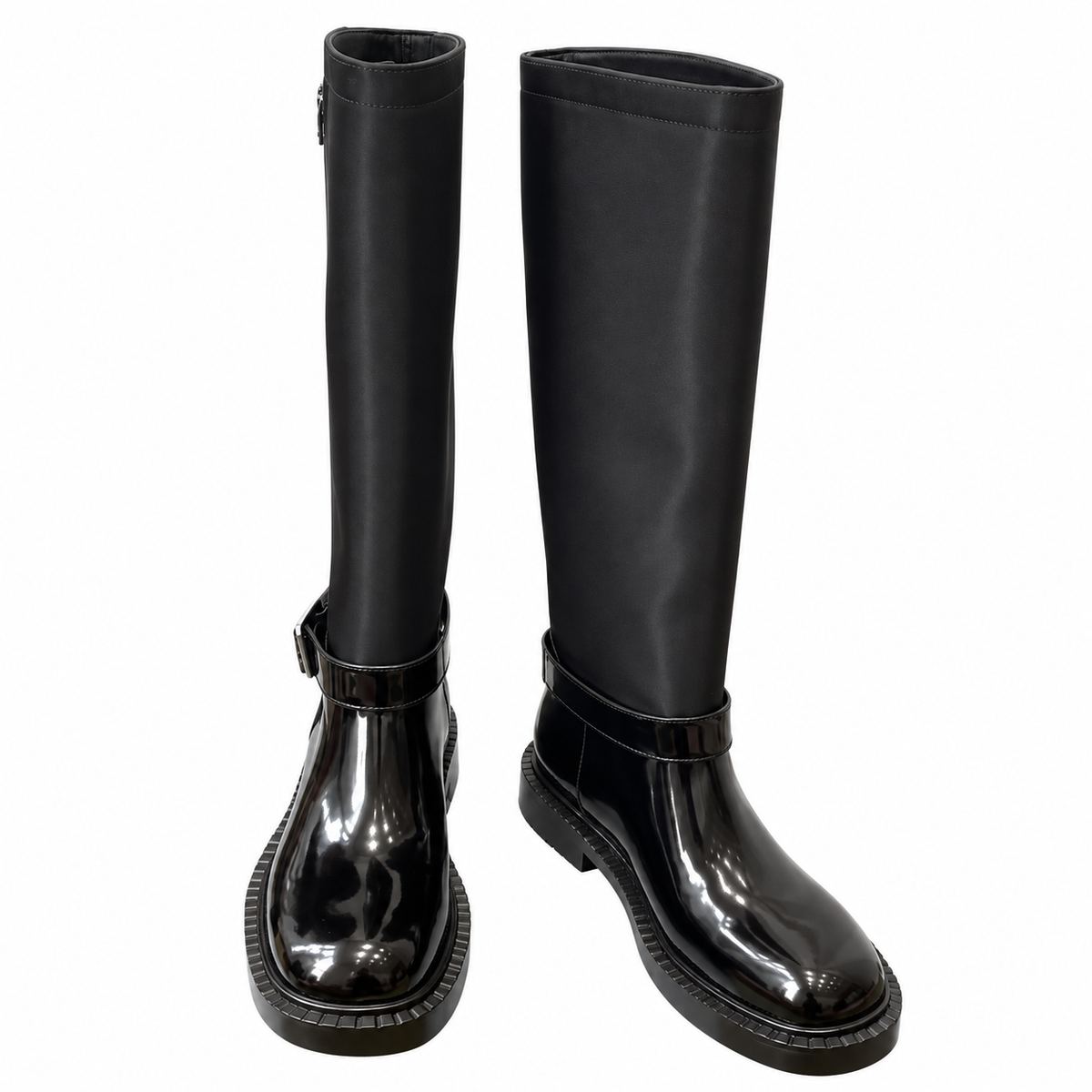 Prada Black Glossy-Panel Buckled Tall Boots