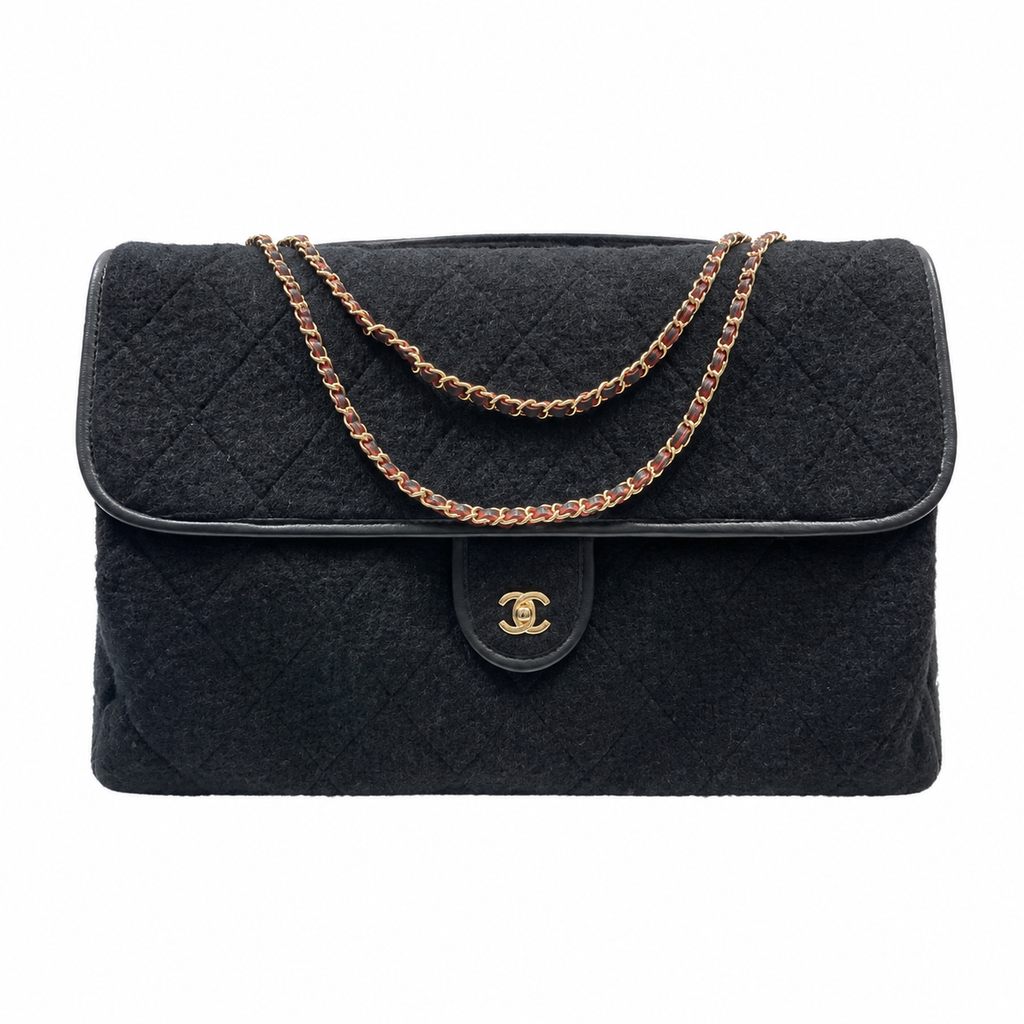 Chanel Wool Felt Quilted Maxi Flap Bag | CC Turn-Lock Gold Red Chain Black — 50x28cm