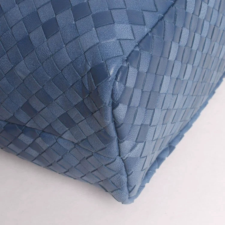 YGY Steel Blue Woven Leather Large Tote with Braided Handles