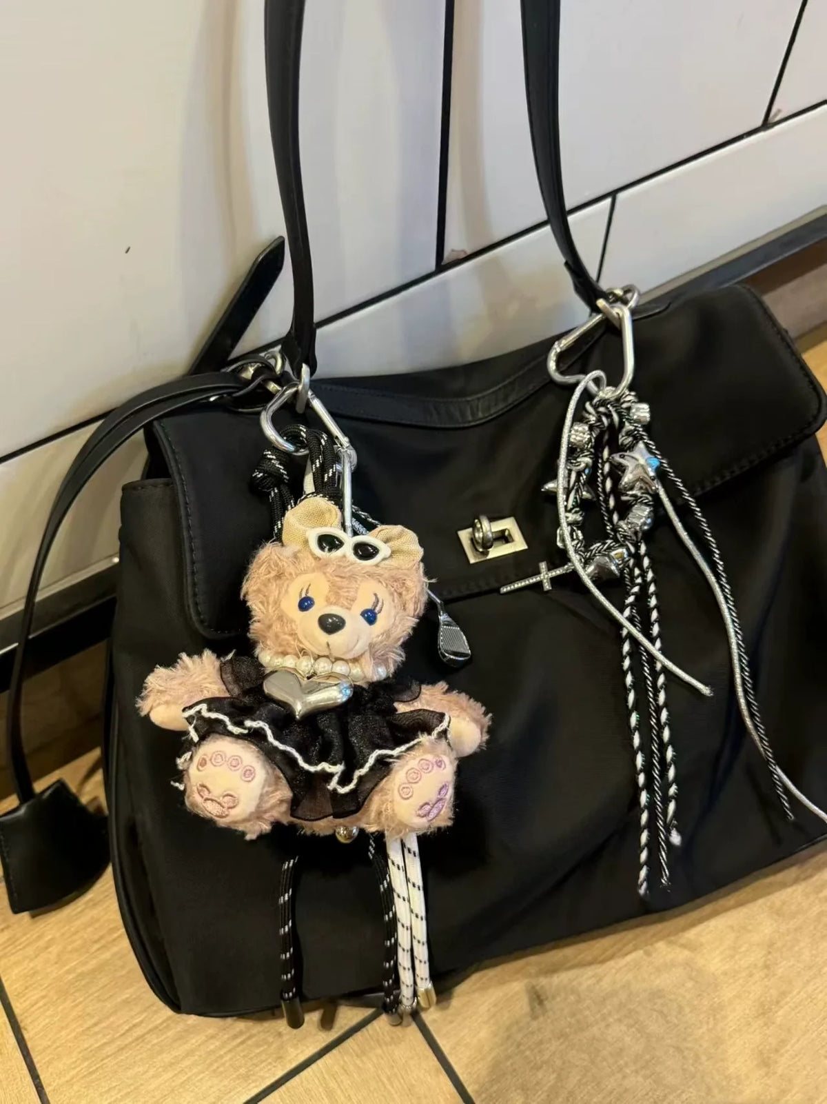 Black Nylon Large Top Handle Tote with Silver Turn-Lock Clasp