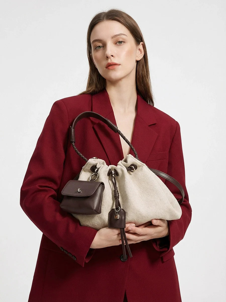Cream Canvas Drawstring Bucket Bag with Detachable Mini Pouch