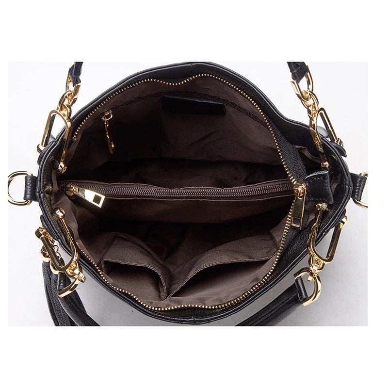 Black Antiqued Leather Slouch Shoulder Bag with Gold Chain Tassel