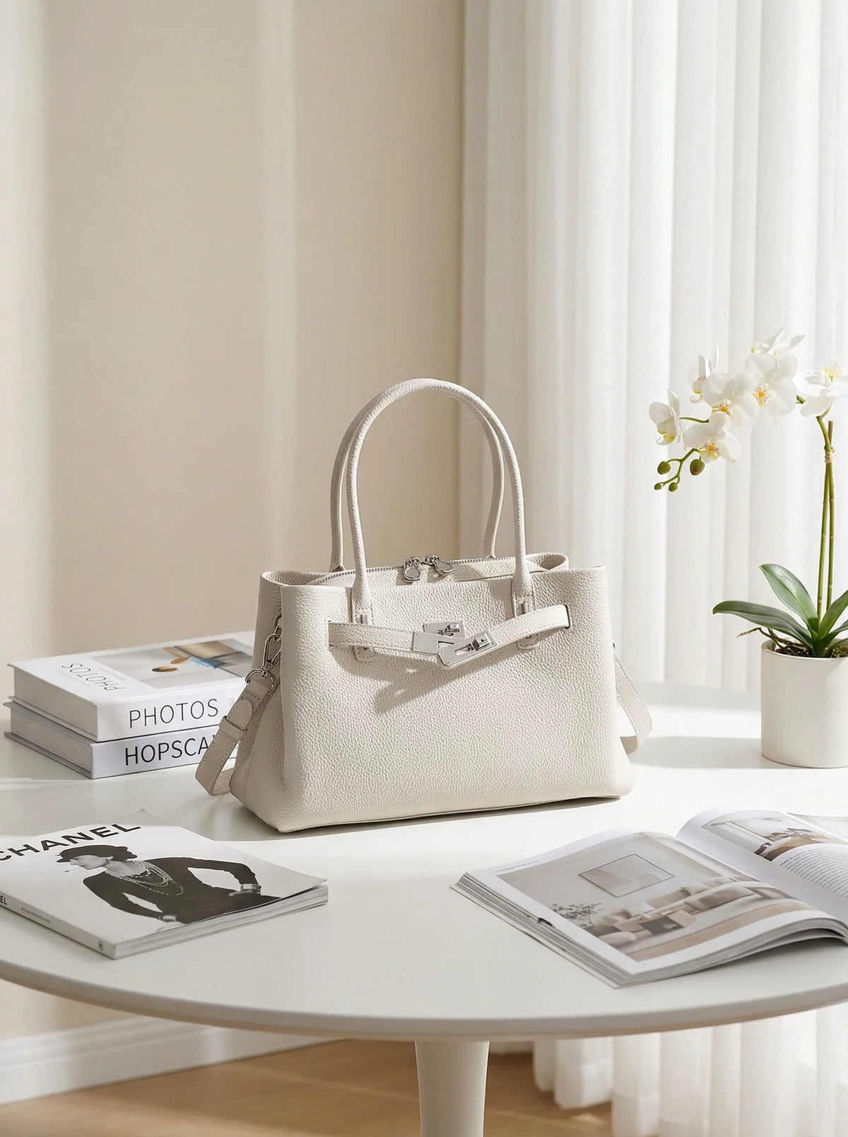Cream Pebbled Leather Structured Top Handle Bag with Belt Lock