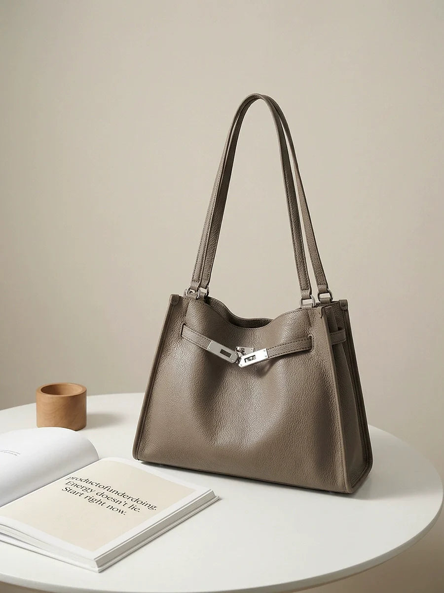 Etoupe Pebbled Leather Hobo Shoulder Bag with Front Push-Lock
