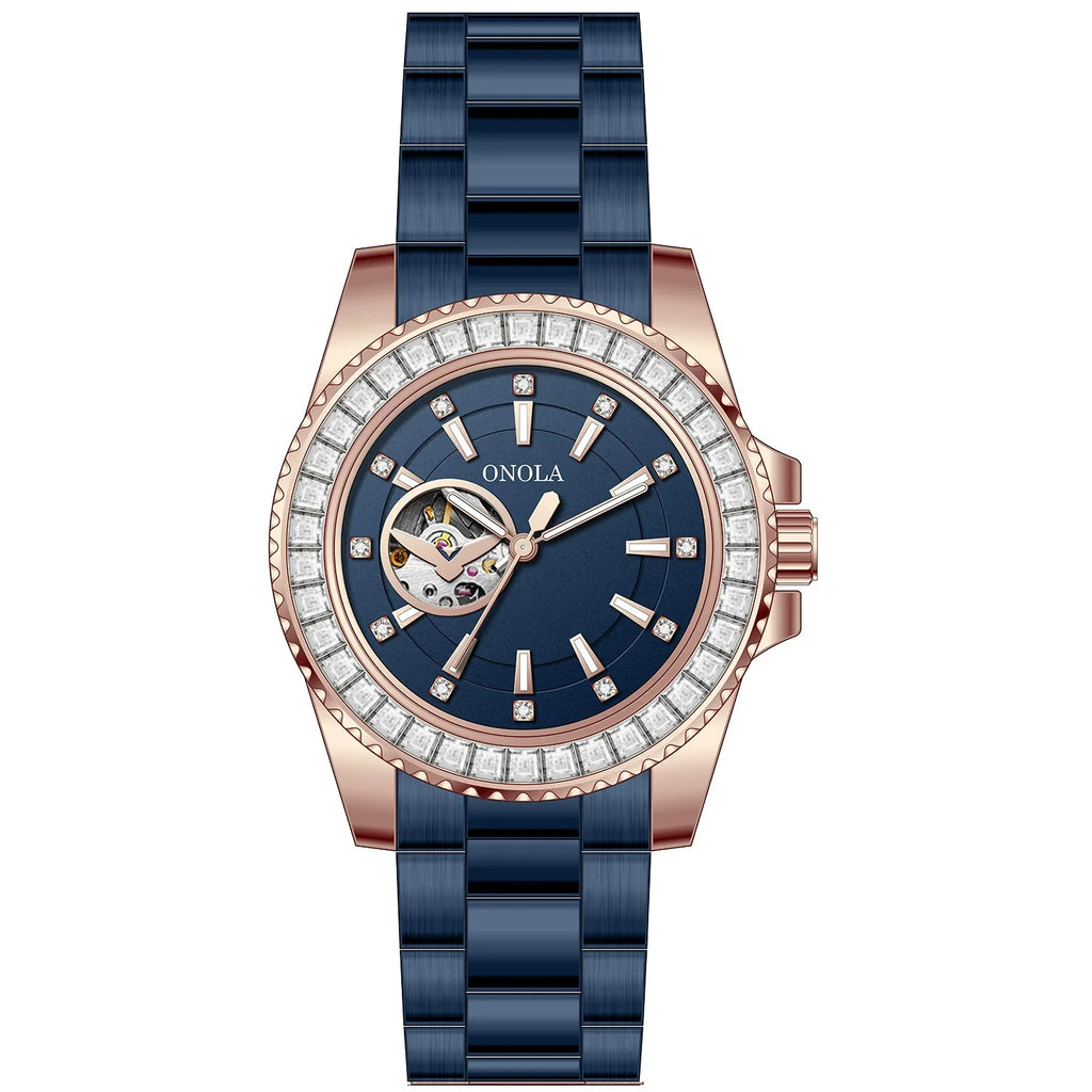 ONOLA Automatic — Steel, Green Baguette Crystal Bezel, Green Skeleton Dial & Steel Bracelet, Men