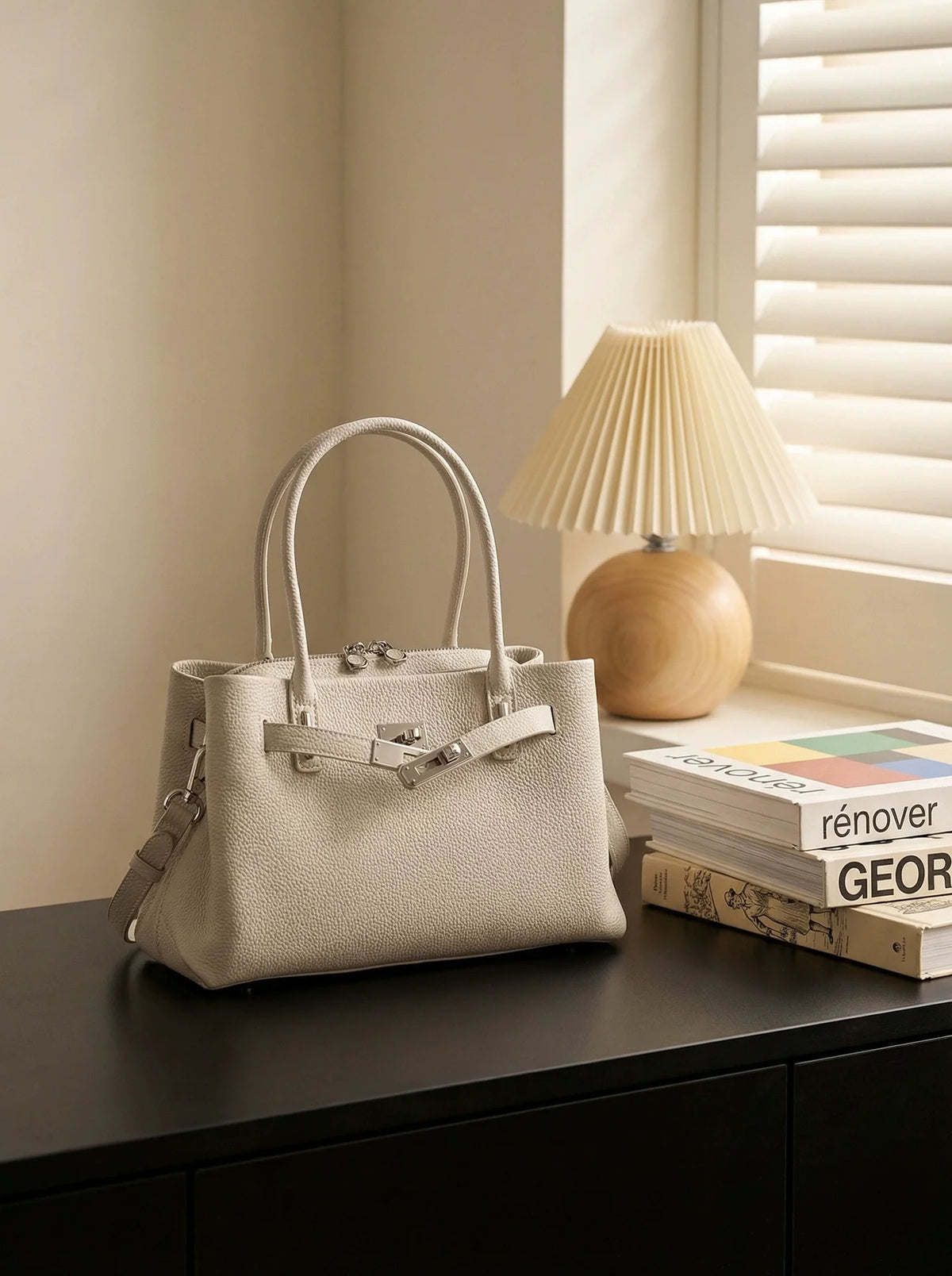Cream Pebbled Leather Structured Top Handle Bag with Belt Lock